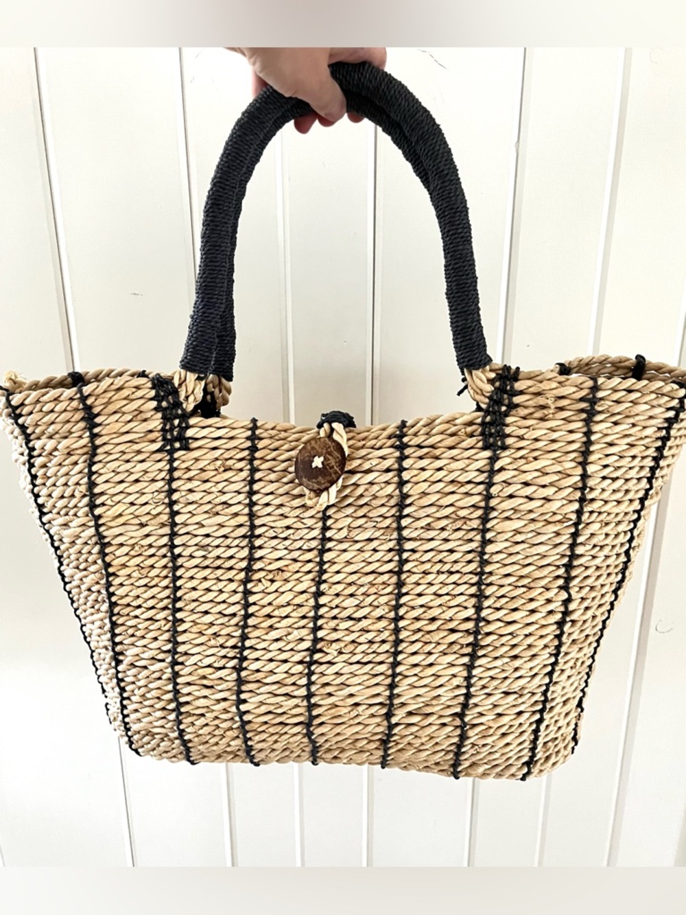 Woven Blue/Cream Straw Tote Bag